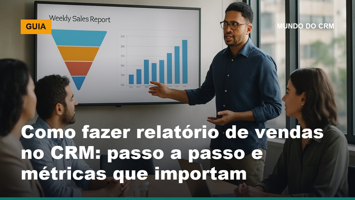 Gestor comercial brasileiro apresentando relatório de vendas do CRM com gráficos de funil e barras para a equipe em reunião