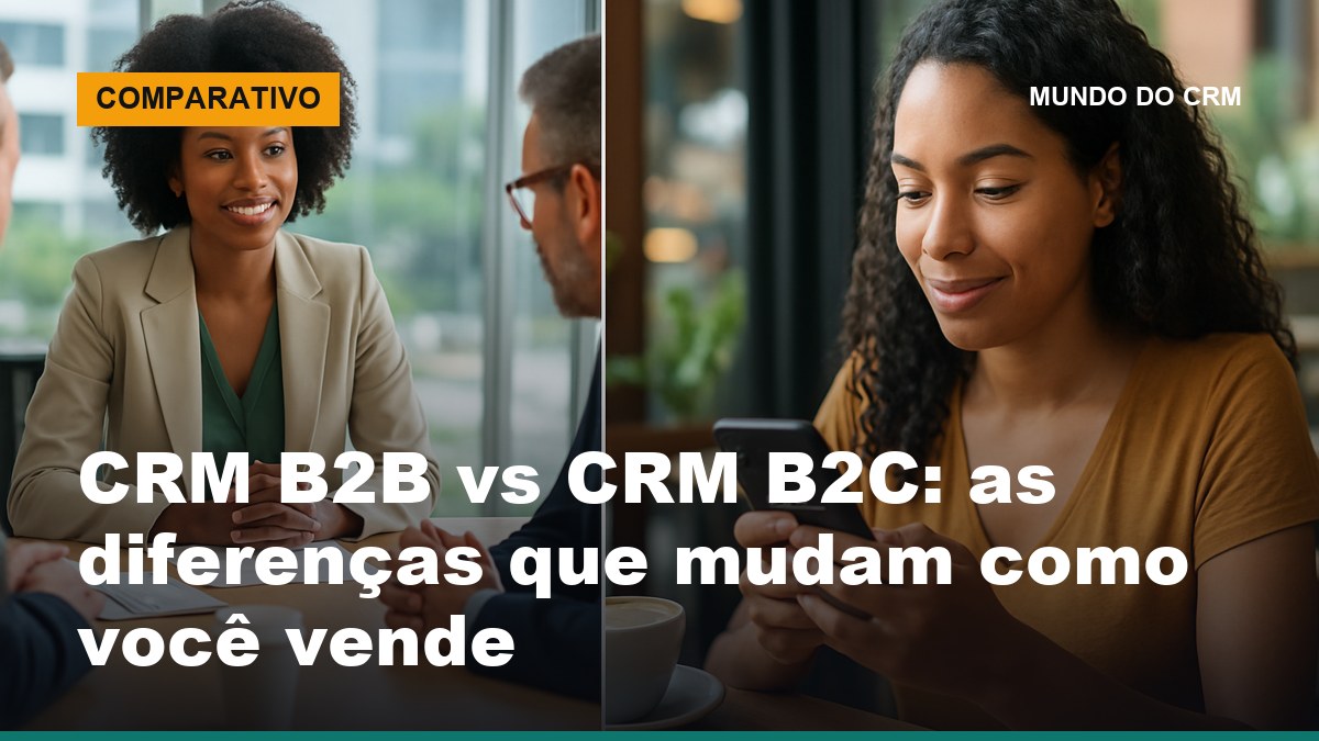 Vendedor B2B em reunião com equipe de empresa cliente ao lado de consumidora comprando pelo celular, contraste entre CRM B2B e B2C