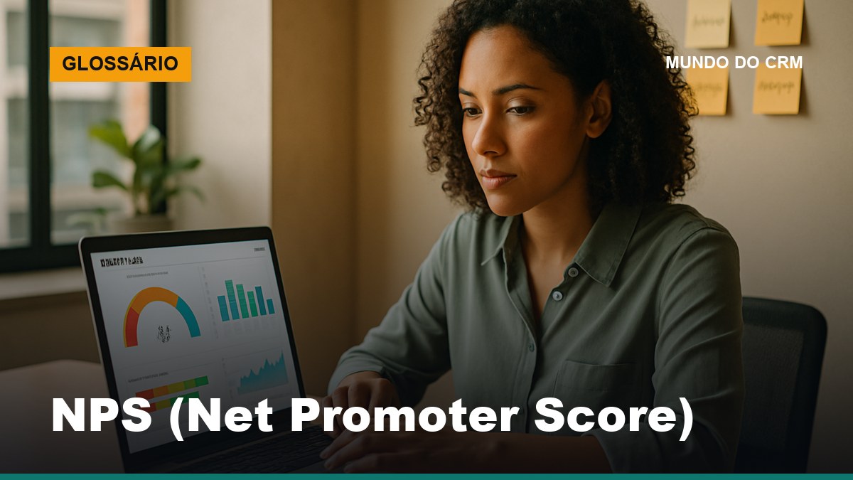 Profissional brasileiro analisando resultados de pesquisa NPS em dashboard no laptop em escritório com post-its de feedback de clientes
