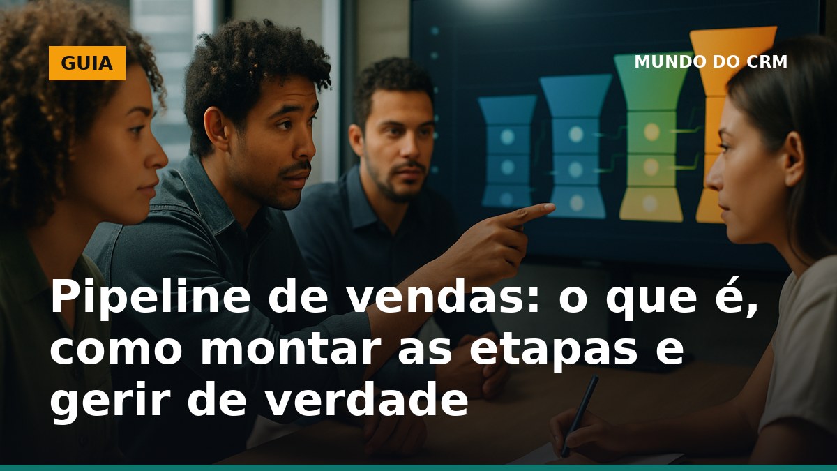 Equipe comercial analisando pipeline de vendas em tela grande, discutindo etapas e previsões