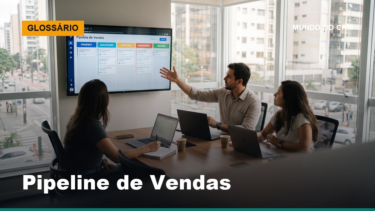 Gerente de vendas brasileiro apresentando pipeline de vendas em quadro Kanban digital para colegas em reunião de acompanhamento